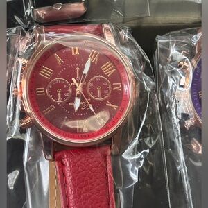 Red Faux Leather Strap Watch